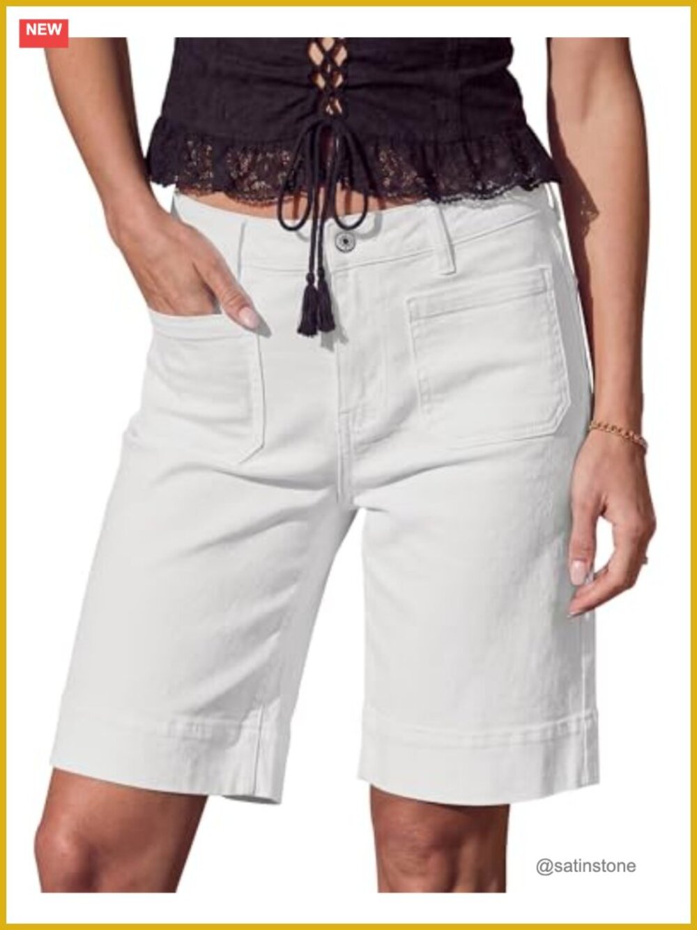High Waist Bermuda Denim Shorts 10" Inseam Cotton Blend Stretch